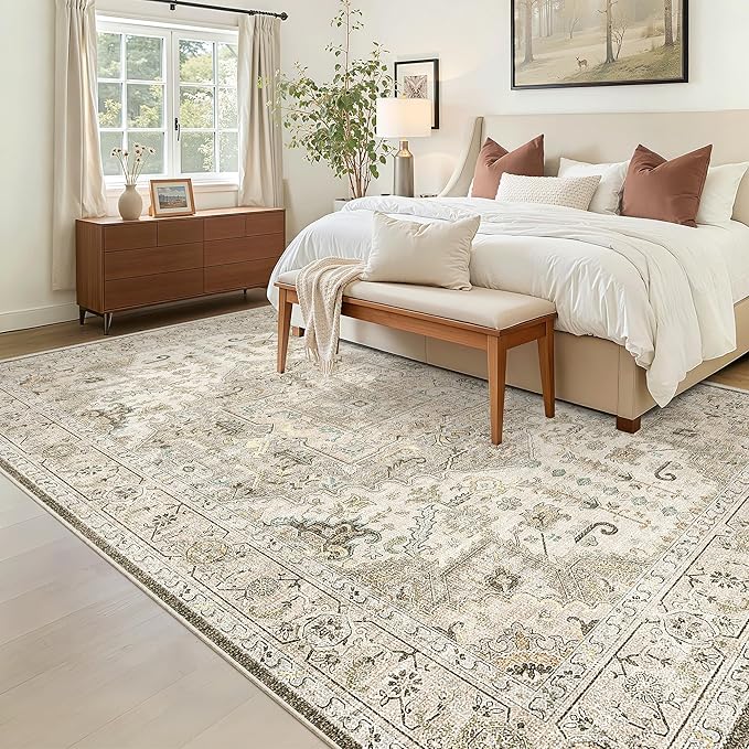 Madane 5x7 Area Rugs for Living Room, Stain Resistant Washable Rugs, Non-Slip Backing Area Rug, Vintage Home Decor Rug for Bedroom (Ivory/Brown, 5'x7')