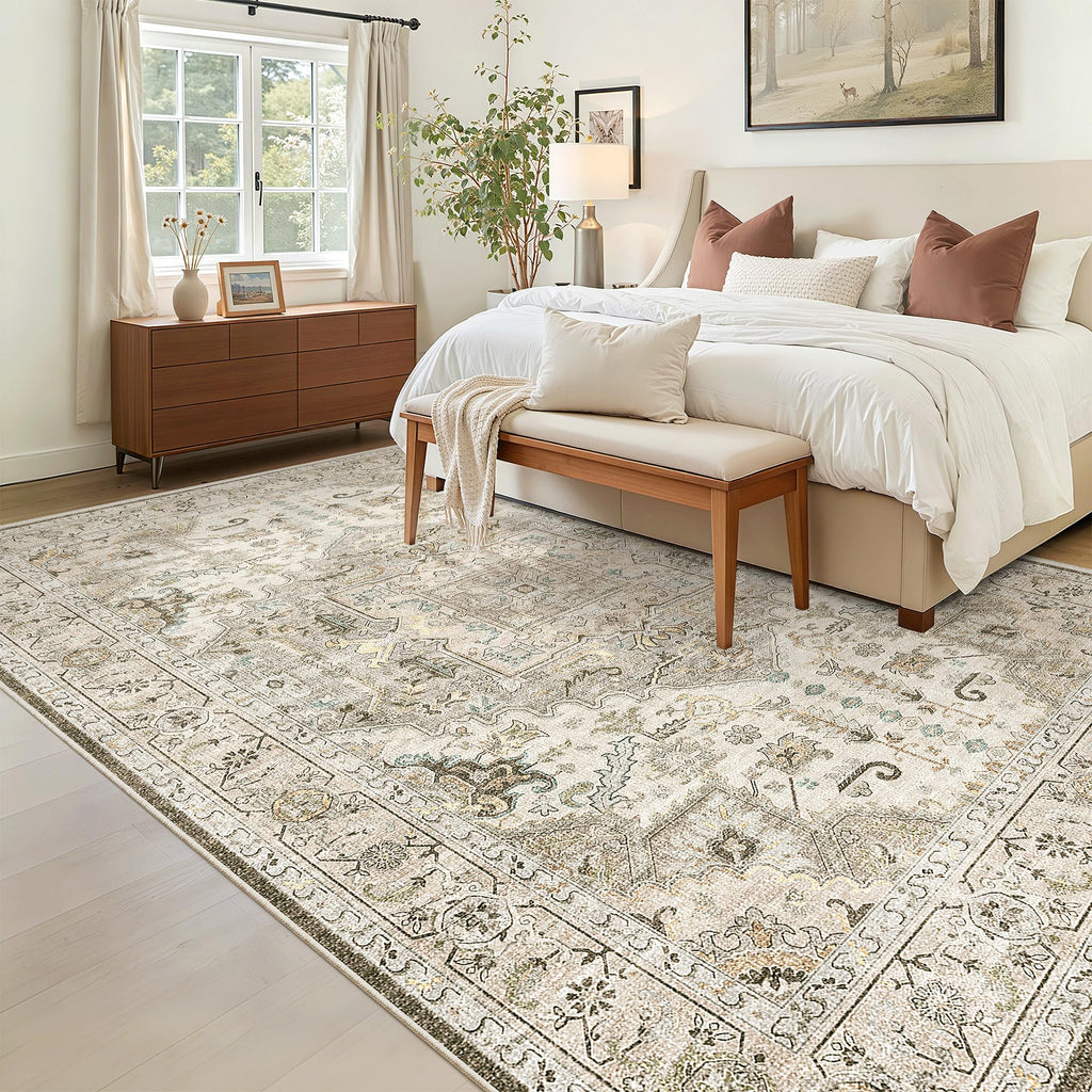 Madane 6x9 Area Rugs for Living Room, Vintage Washable Rug, Ivory/Brown