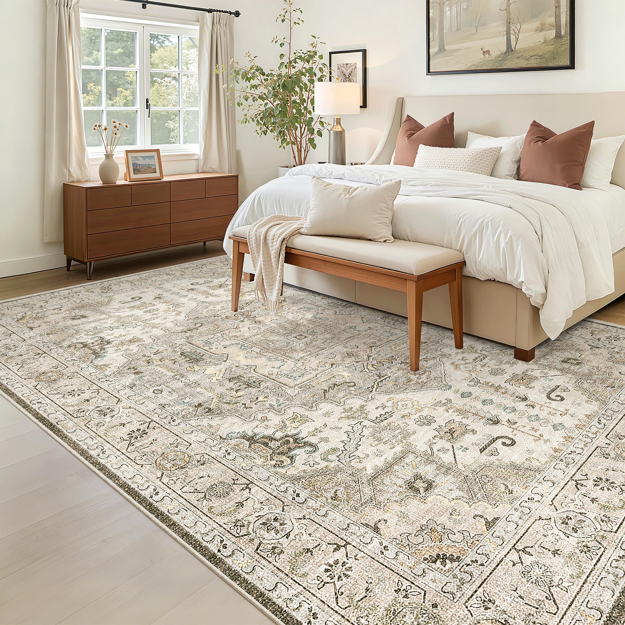 Madane 6x9 Area Rugs for Living Room, Vintage Washable Rug, Ivory/Brown