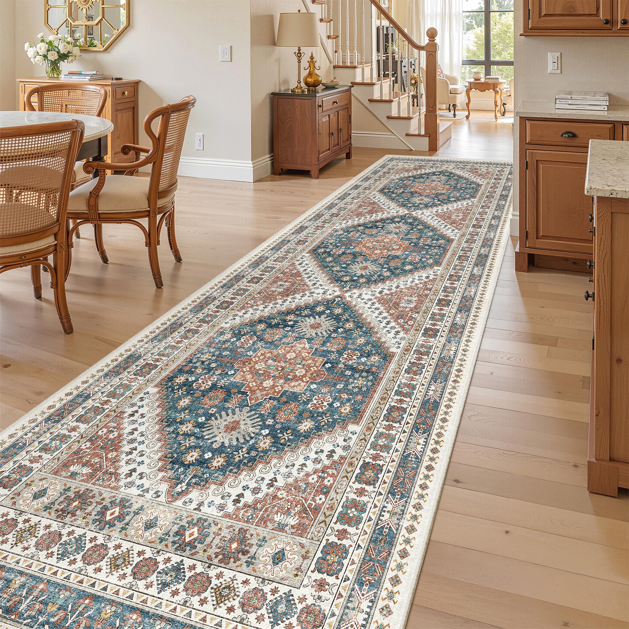 Madane Hallway Runner Rug 3x10 Washable Kitchen Runners 10ft, Navy Blue