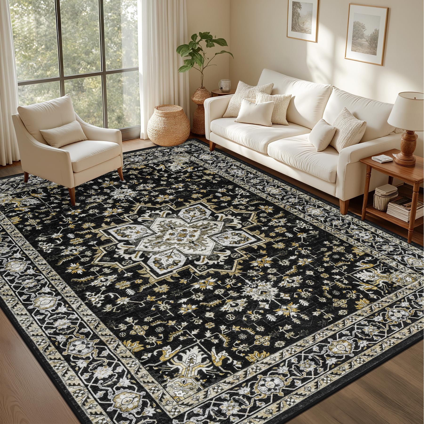 ExpediX 9x12 Area Rugs Living Room: Washable Rug for Bedroom Black Gold