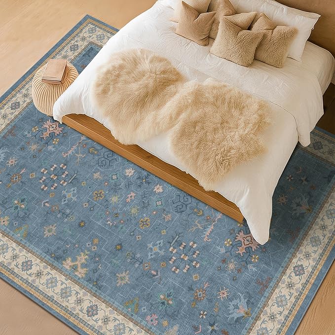 Hazo Haus Blue Big Rugs for Living Room - Dusty Blue 10x14 Area Rug for Large Bedroom, Dining Room, Washable Lightweight Low Pile Foldable Eclectic Modern Floral Home Décor