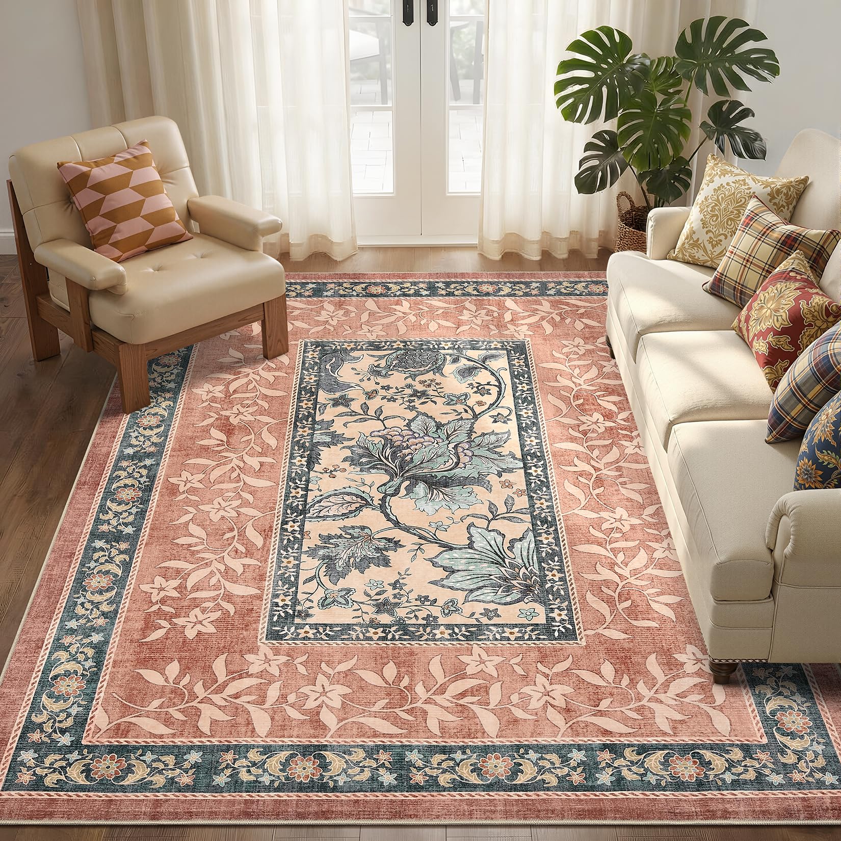GarveeHome Terracotta Teal Washable 5x7 Area Rugs, Botanical Grove Vintage Cottage core Non-Slip Rug for Bedroom Living Room Nursery Kitchen Low-Pile Retro Carpet
