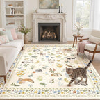 Soalmost Cat 6x9 Area Rugs for Living Room, Machine Washable Animal Floral Vintage Rug Non-Slip Low Pile Soft Throw Rugs for Bedroom Dining Room Kitchen Nursery Playroom (6 x 9,Beige)