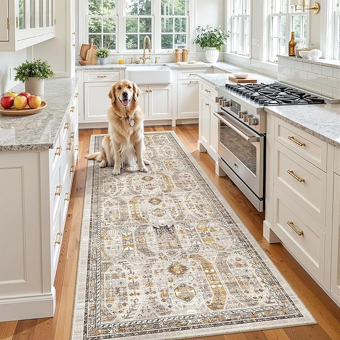 Madane Hallway Runner 3x8, Kitchen Rugs Washable Entry Rug, Brown/Gold