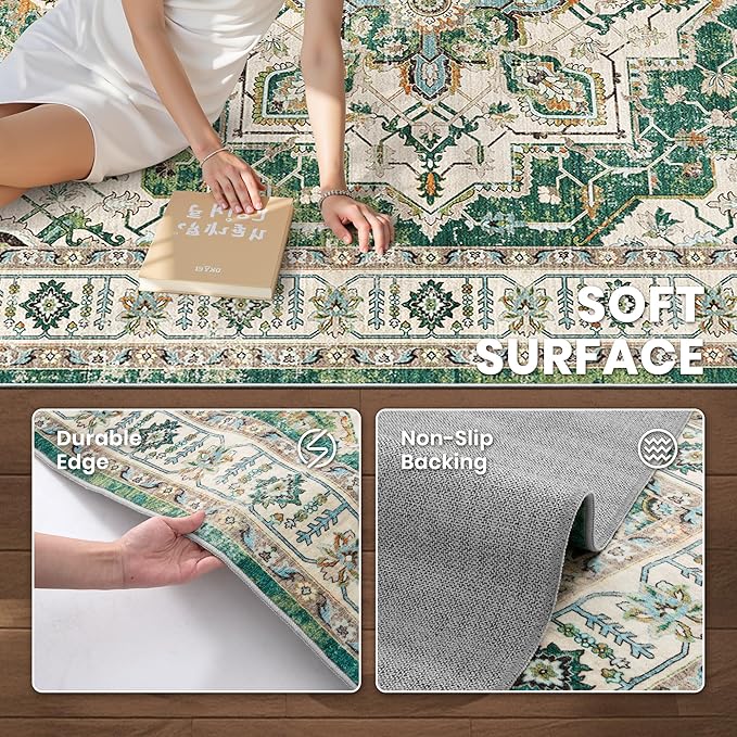 zesthome 6x9 Area Rugs, Machine Washable Rugs for Living Room, Bedroom,Stain Resistant Vintage Large Area Rug,Non-Slip Medallion Pattern Home Decor Rugs (Green,6'x9')