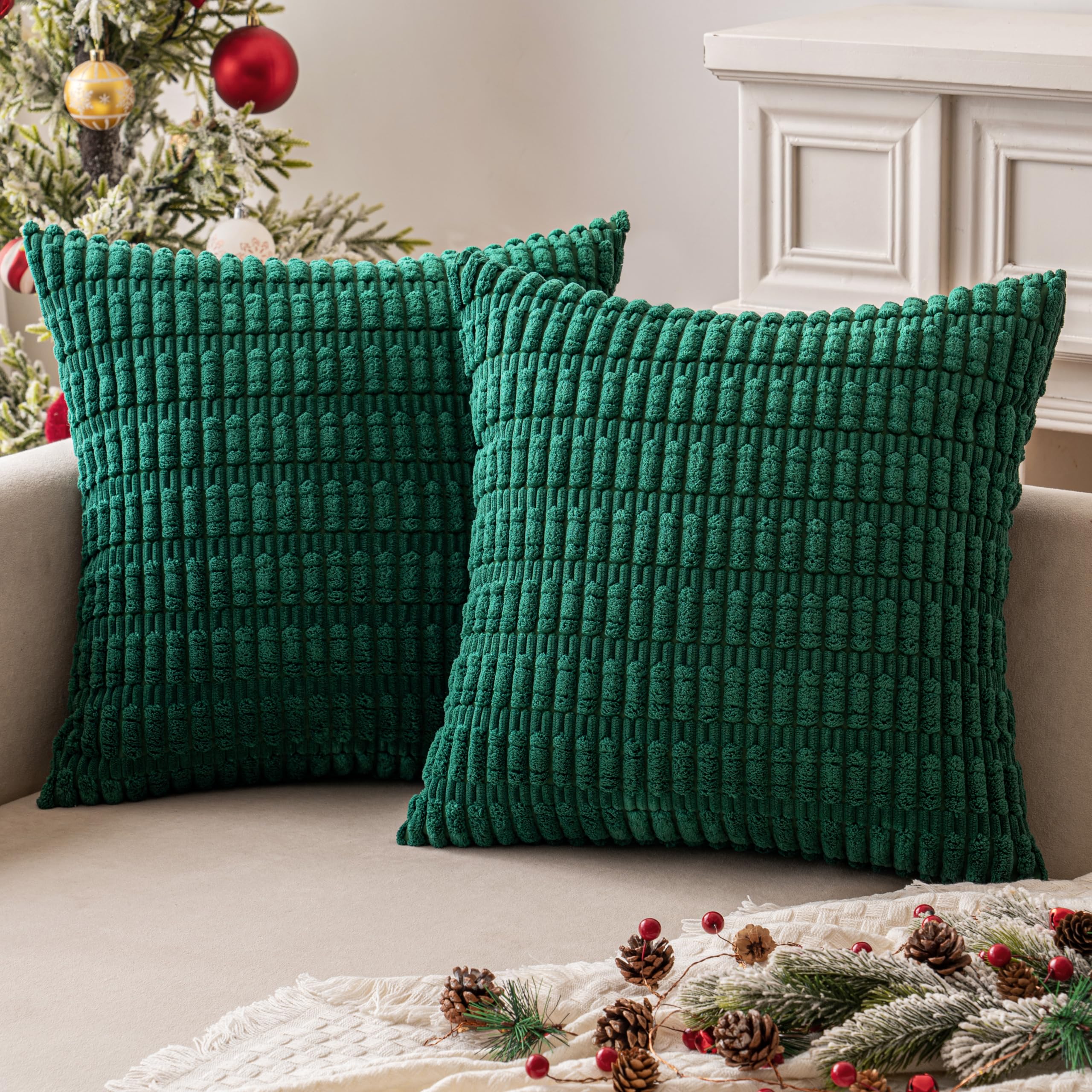 MIULEE Corduroy Decorative Throw Pillow Covers 18x18 Dark Green Pack of 2