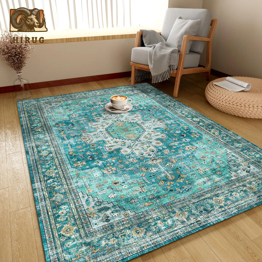 Washable Area Rug 9' x 12' Vintage Traditional Persian Mat - Foldable Distressed Non-Slip Machine Washable Carpet for Living Room Bedroom Kitchen Home Decor - Teal and Gold
