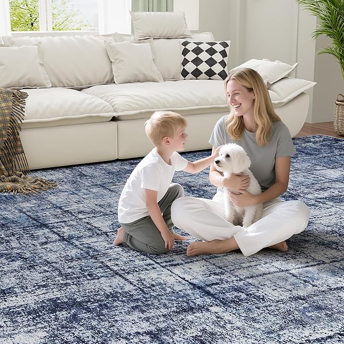 8x10 Washable Area Rug for Living Room Bedroom: Non-Slip Modern Navy Blue