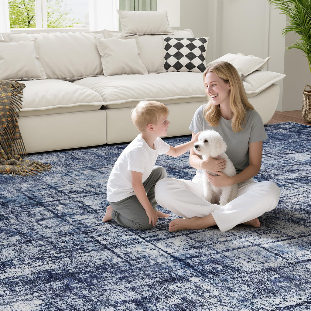 8x10 Washable Area Rug for Living Room Bedroom: Non-Slip Modern Navy Blue