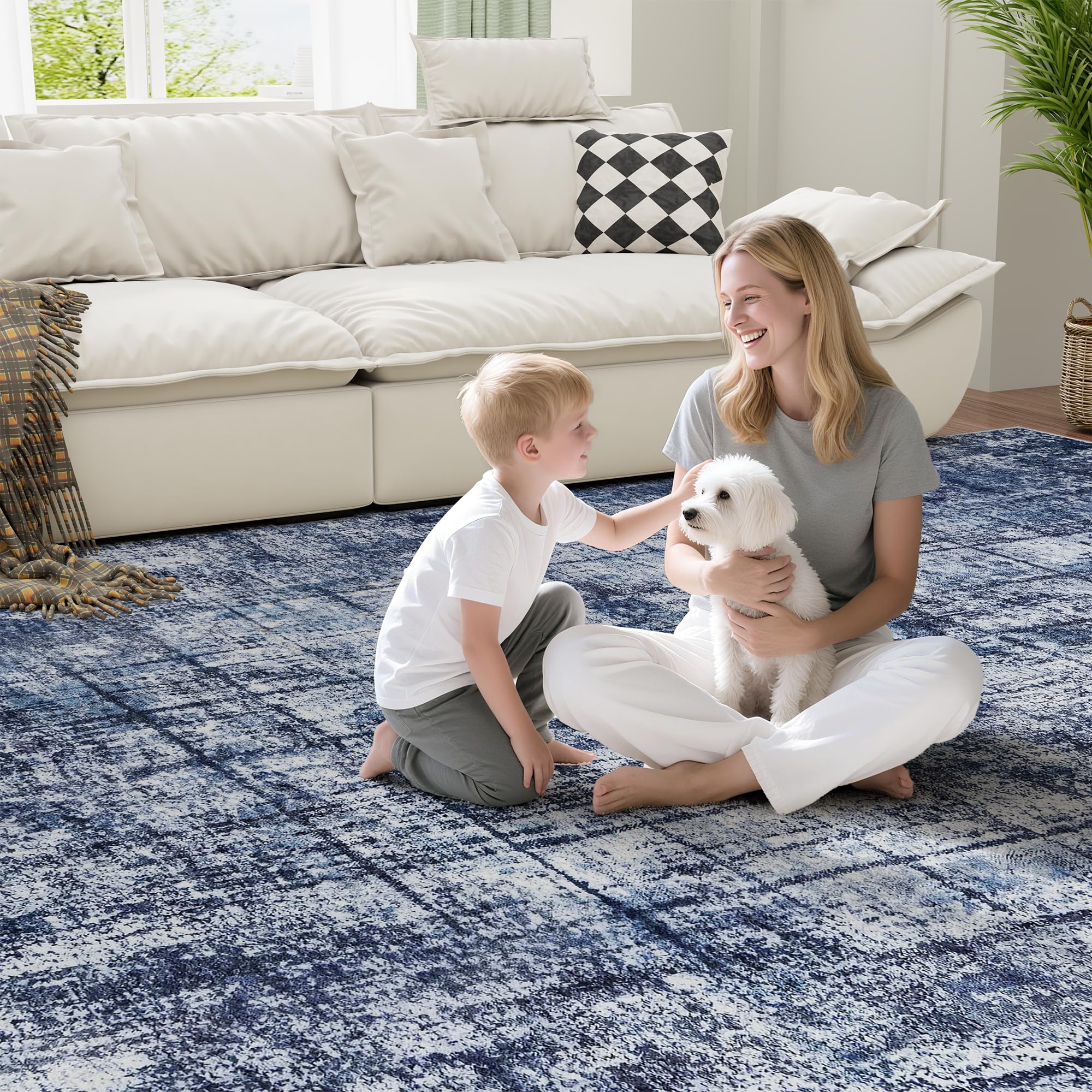 8x10 Washable Area Rug for Living Room Bedroom: Non-Slip Modern Navy Blue