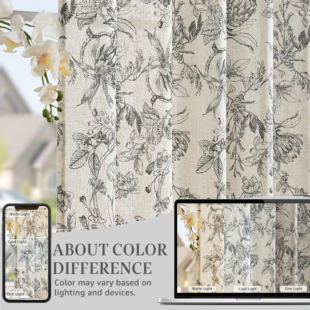 jinchan Black Floral Linen Curtains 108 Inch Farmhouse Rod Pocket 2 Panels