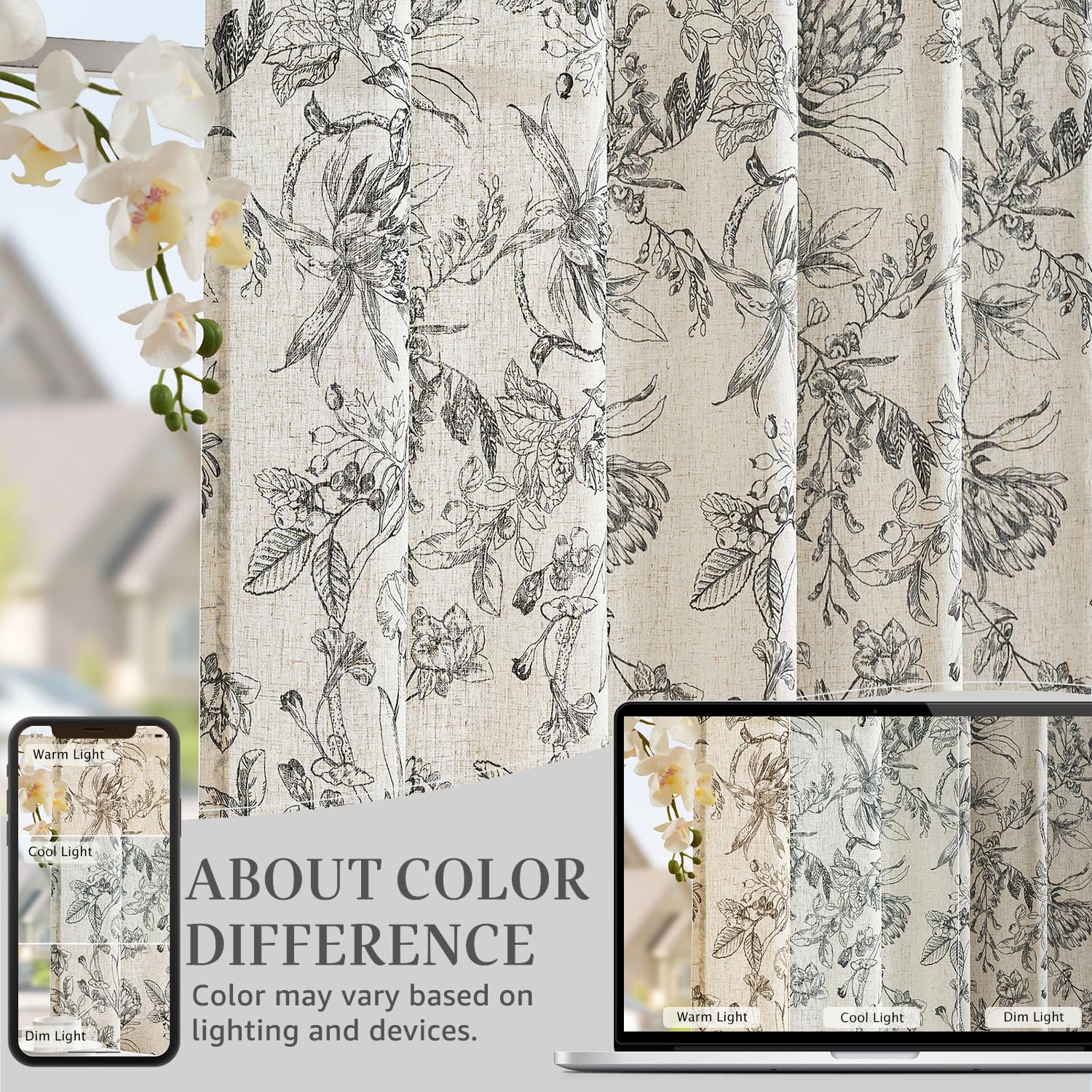 jinchan Black Floral Linen Curtains 108 Inch Farmhouse Rod Pocket 2 Panels
