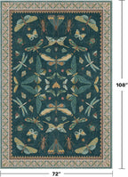 Hazo Haus Oriental Blue and Green Area Rugs for Living Room 6x9 - Insect & Butterfly Dining Table Rug, Bedroom Boys, Washable Non Skid Rubber Backed, Vintage Funky Home Décor