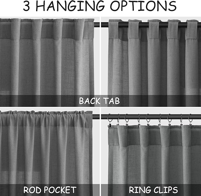 Nanspring Dark Grey Linen Curtains 80 Inches Long for Bedroom Rod Pocket Back Tab Light Filtering Semi Sheer Curtain Farmhouse Decor Linen Textured Drapes for Living Room 2 Panels Set 52x80