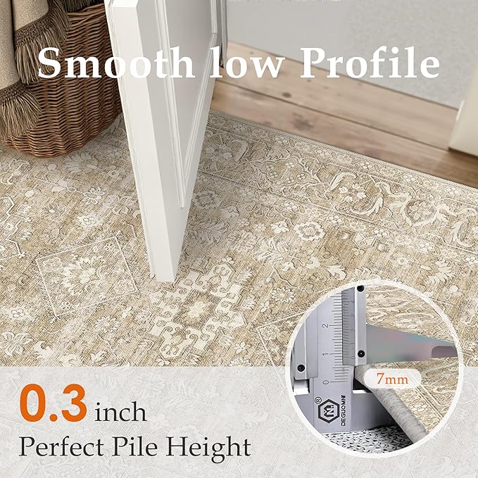 2x6 Washable Runner Rug for Hallway Kitchen Vintage Beige Non Slip Low Pile Carpet Traditional Retro Soft Throw Rug for Bathroom Bedroom Entryway Indoor Entrance