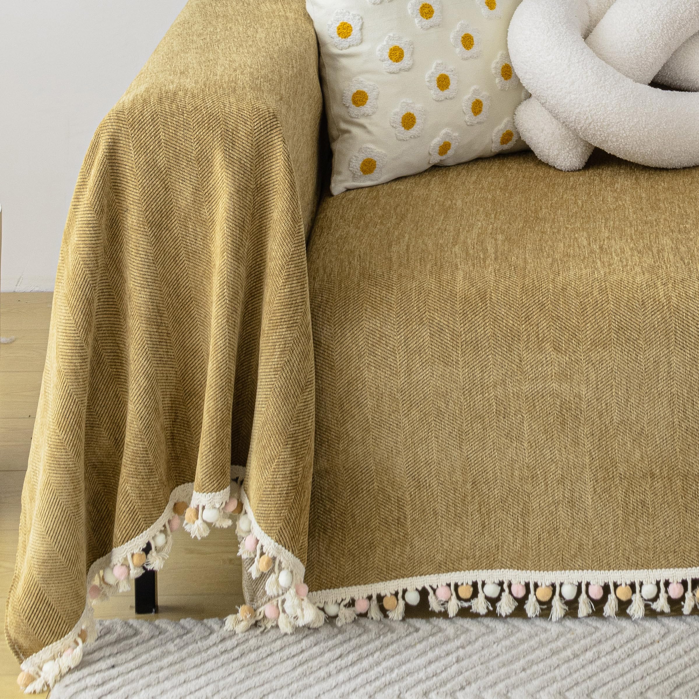 HANDONTIME Couch Covers for Pets Boho Mustard Yellow Love Seat Couch Covers Brown Sofa Cover for Dogs Pet Couch Protector Chenille Tassel Sofa Slipcovers Sofa Throw Cover Boho Decor, 91" X118"