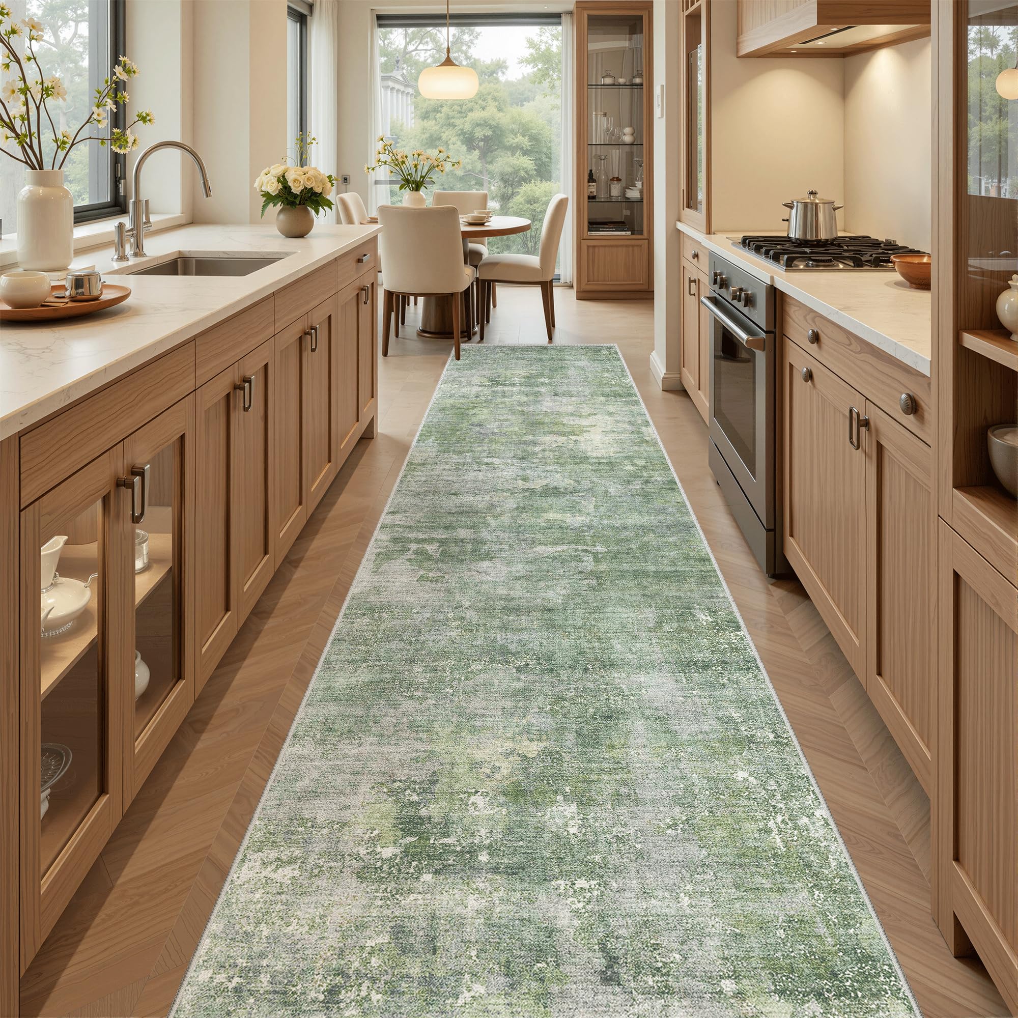 Soalmost Abstract Runner Rug 2x12 Hallway Kitchen Runners Green/Ivory