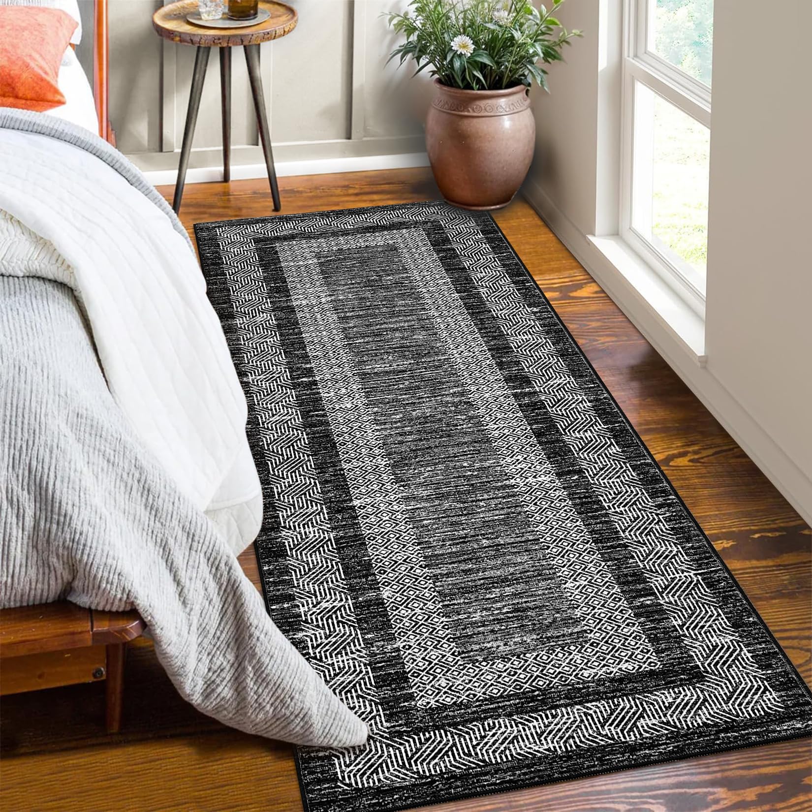 GarveeHome 2x6 Modern Bordered Runner Rug Soft Non Slip Washable Floor Carpet