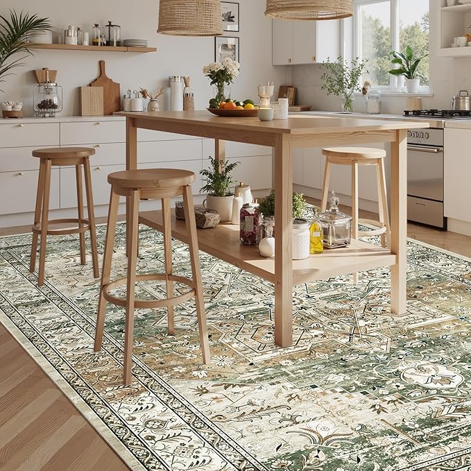 Soalmost Washable Area Rug 8x10, Large Soft Rugs for Living Room Farmhouse Vintage Area Rugs for Bedroom Dining Room Non-Slip Stain Resistant Under Table Rug Olive Beige