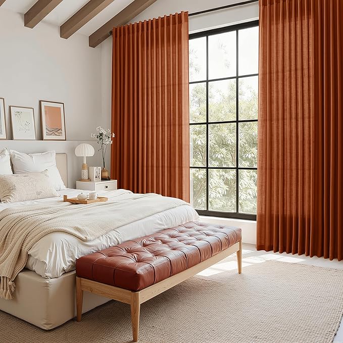 Nanspring Terracotta Linen Curtains 84 Inches Long 2 Panel Set Back Tab Boho Rustic Farmhouse Curtain for Living Room Semi Sheer Light Filtering Luxury Home Decor for Bedroom Dining Room 60x84