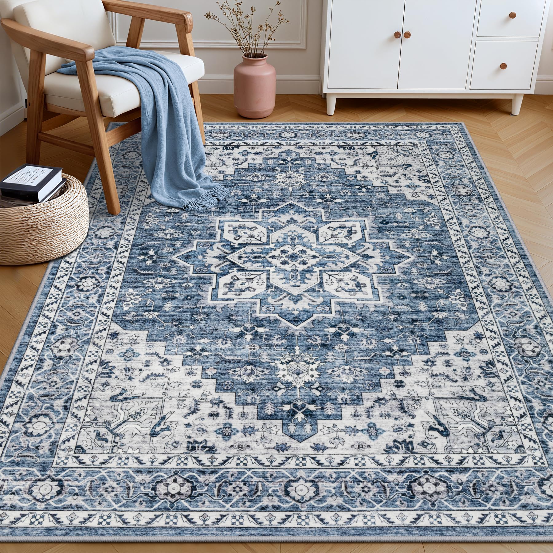 ExpediX 4x6 Area Rugs Living Room: Washable Vintage Rug for Bedroom Blue