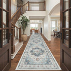 Madane Hallway Runner Rug 3x16 - Vintage Non Slip Washable 16ft Kitchen Runner for Entrance Soft Long Carpet Runners for Living Room Bathroom Low Pile Floor Mat for Bedroom Dining Room, Blue
