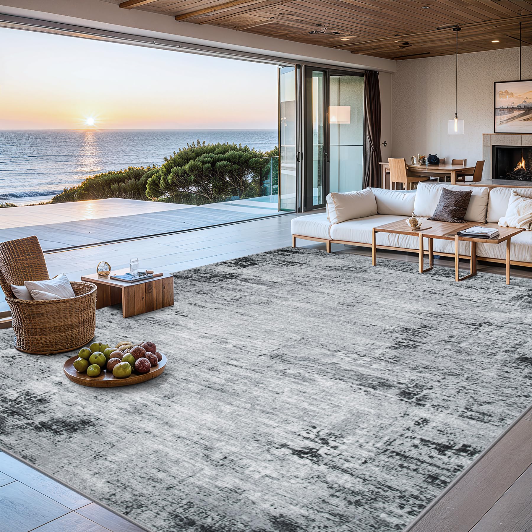 PLHXFR 8x10 Area Rug Living Room: Modern Abstract Washable Carpet Black