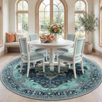 Area Rugs 7ft Washable Non-Slip, Floral Vintage Distress Print Pattern Medallion Carpet for Living Room Bedroom Dining Room, Teal Green Lake Blue Turquoise