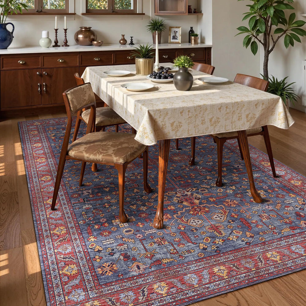 Washable Area Rug 8' x 10' Vintage Traditional Persian Mat - Foldable Distressed Non-Slip Machine Washable Carpet for Living Room Bedroom Kitchen Home Decor - Indigo and Crimson