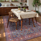 Washable Area Rug 8' x 10' Vintage Traditional Persian Mat - Foldable Distressed Non-Slip Machine Washable Carpet for Living Room Bedroom Kitchen Home Decor - Indigo and Crimson