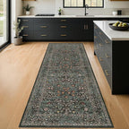 Non Slip 2x6 Kitchen Runner Rug Washable, Rubber Backed Bathroom Runner, Boho Vintage Floral Botanical Dark Green Non Skid Low Pile Soft Carpet for Entryway, Laundry Room, Hallway Mats for Floor
