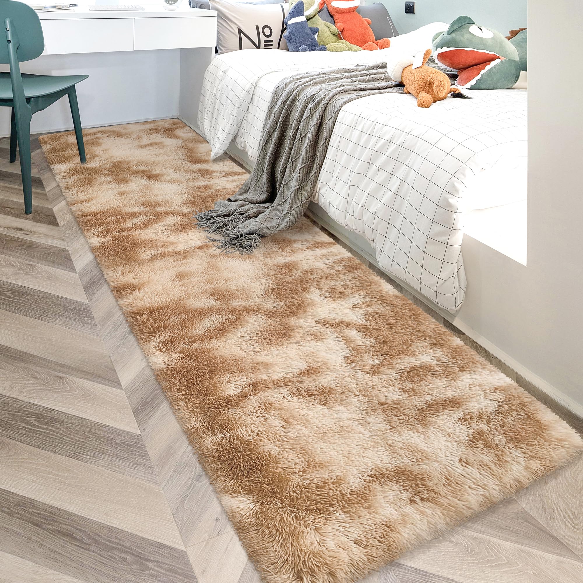 JiaoBaba Super Soft Fluffy Living Room Area Rugs 2x10 ft Tie-Dyed Beige Shaggy Furry Carpet Washable Non-Slip Floor Rug Bedroom Bedside Nursery Rug Fuzzy Girls Boy Reduce Noise Dorm Home Decor