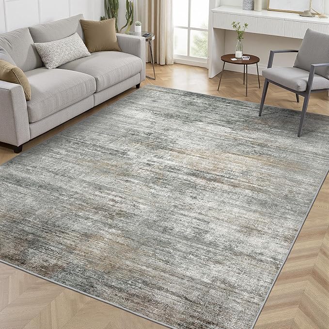 Area Rugs 4x6 for Living Room Bedroom, Modern Abstract Machine Washable Rug, Large Soft Low Pile Floor Cover with Non Slip Backing for Dining Room, Ash Gray Brown