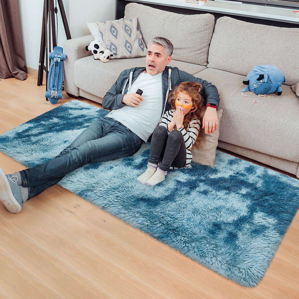 JiaoBaba Super Soft Fluffy Living Room Area Rug 2x5 ft Tie-Dyed Light Blue Shaggy Furry Carpet Washable Non-Slip Floor Rugs Bedroom Bedside Nursery Rug Fuzzy Girls Boy Dorm Home Decor Aesthetic