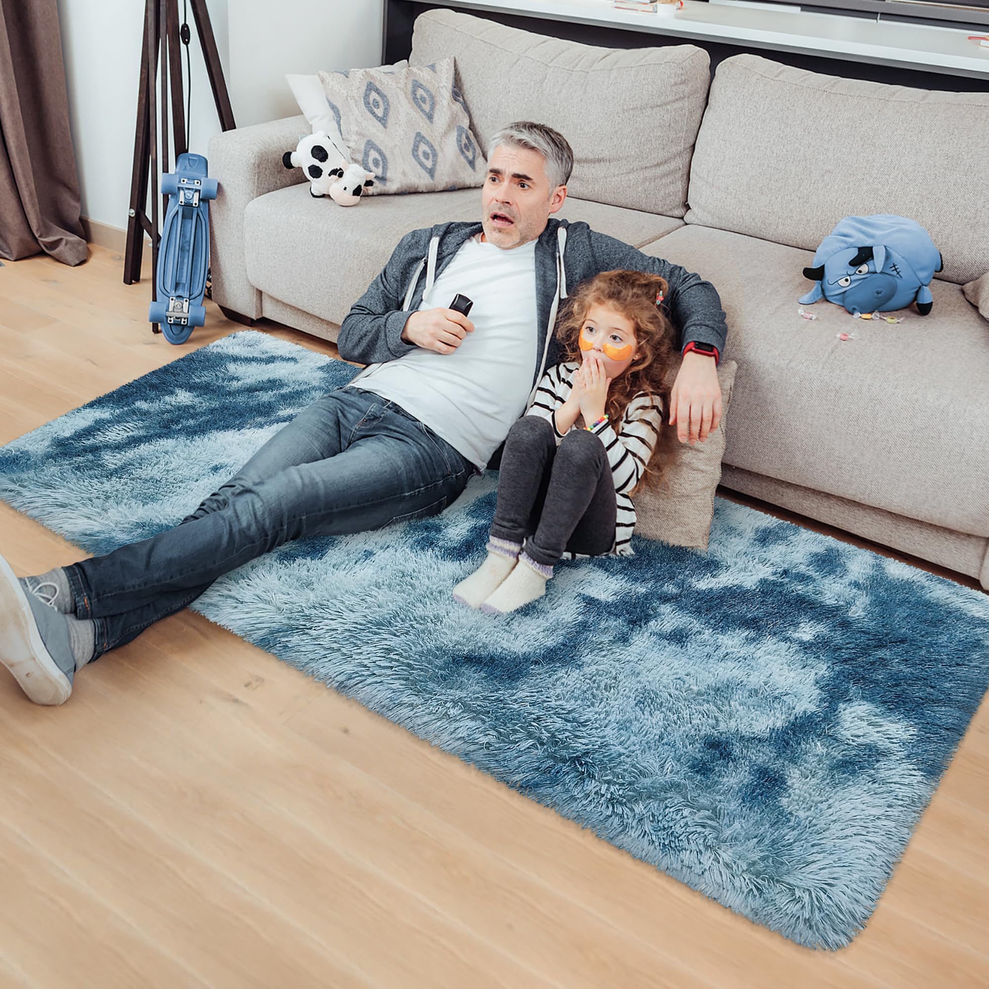 JiaoBaba Super Soft Fluffy Living Room Area Rug 2x5 ft Tie-Dyed Light Blue Shaggy Furry Carpet Washable Non-Slip Floor Rugs Bedroom Bedside Nursery Rug Fuzzy Girls Boy Dorm Home Decor Aesthetic