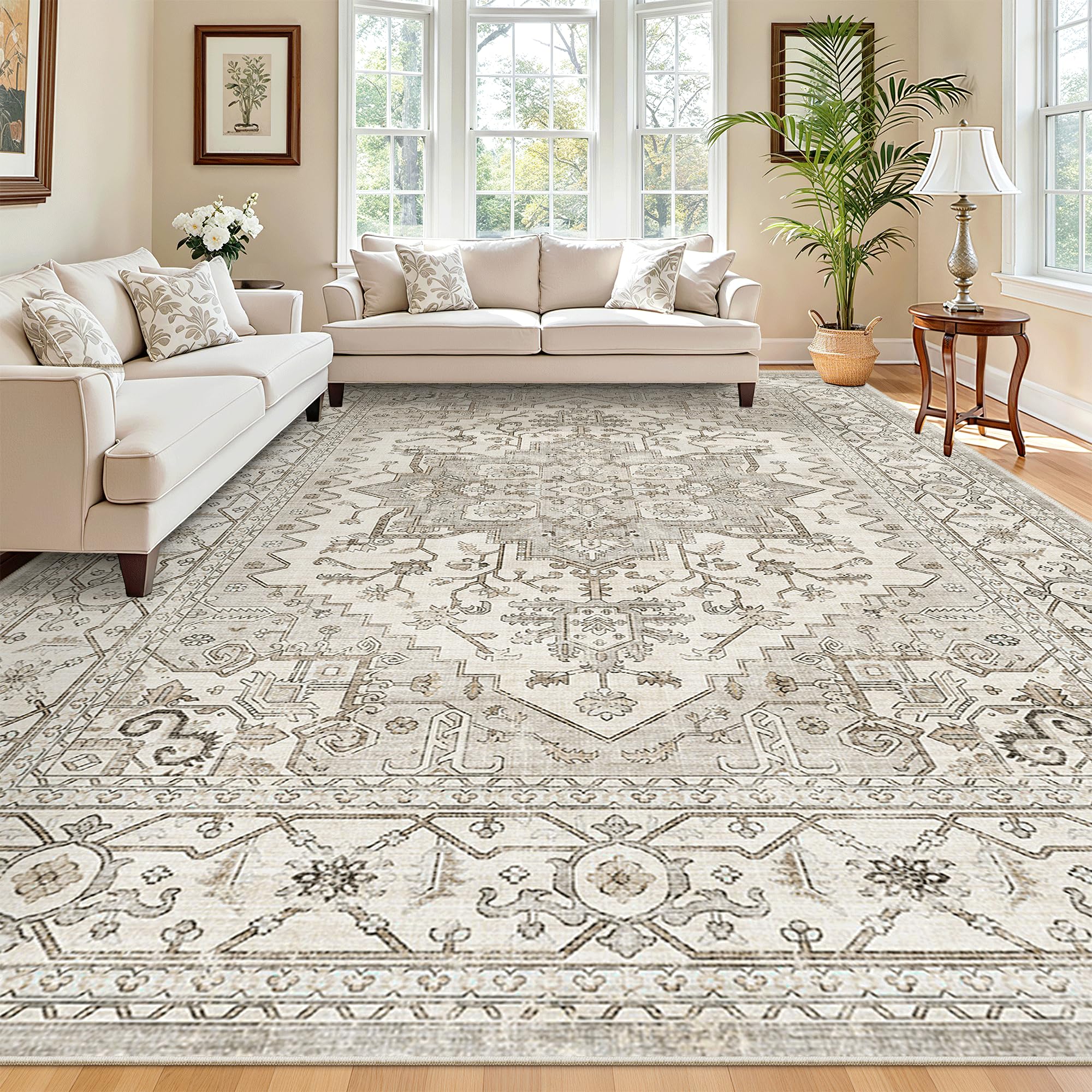Madane 8x10 Area Rugs for Living Room, Non-Slip Washable Rug, Beige/Brown