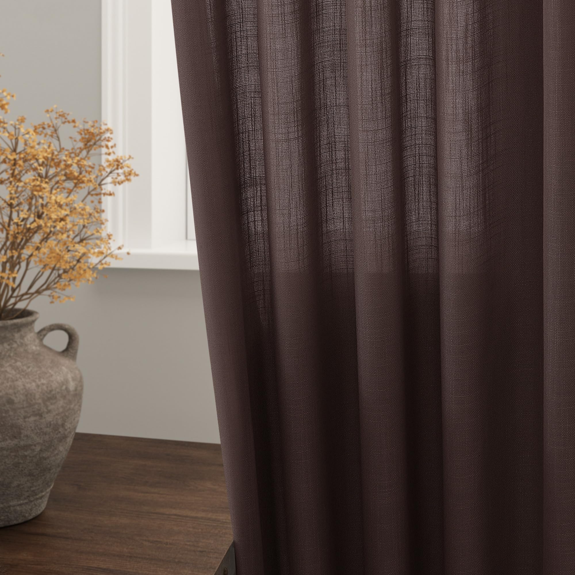 Nanspring Coffee Linen Blend Drapes 84 Inch Length 2 Panels Set Back Tab Rod Pocket Light Filtering Privacy Semi Sheer Textured Curtains Neutral Farmhouse Decor Curtains for Living Room Bedroom 52x84