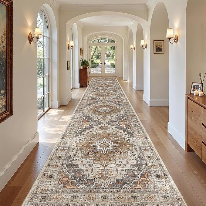 Madane Hallway Runner Rug 3x20 Washable Kitchen Runners 20ft, Turmeric/Grey