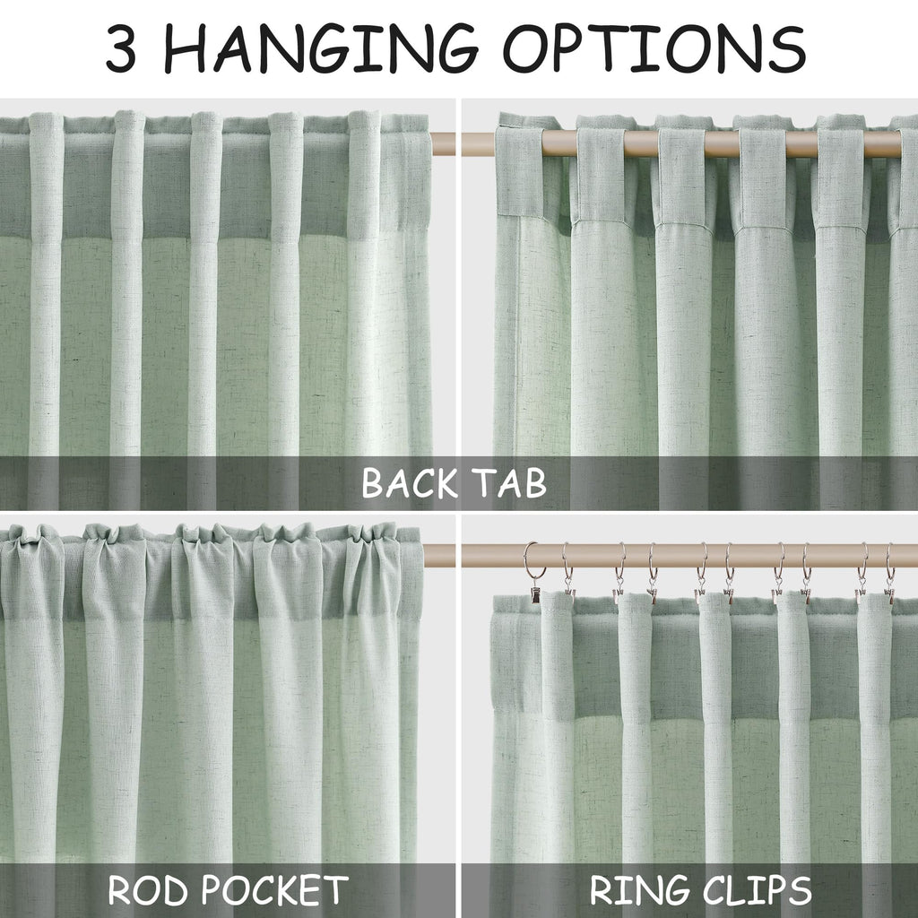 Nanspring Aqua Green Linen Curtains 108 Inches Long for Living Room Bedroom 2 Panels Set Extra Long Back Tab Curtain Light Filtering Sheer Drapes Floor to Ceiling Curtain for Large Windows 52x108