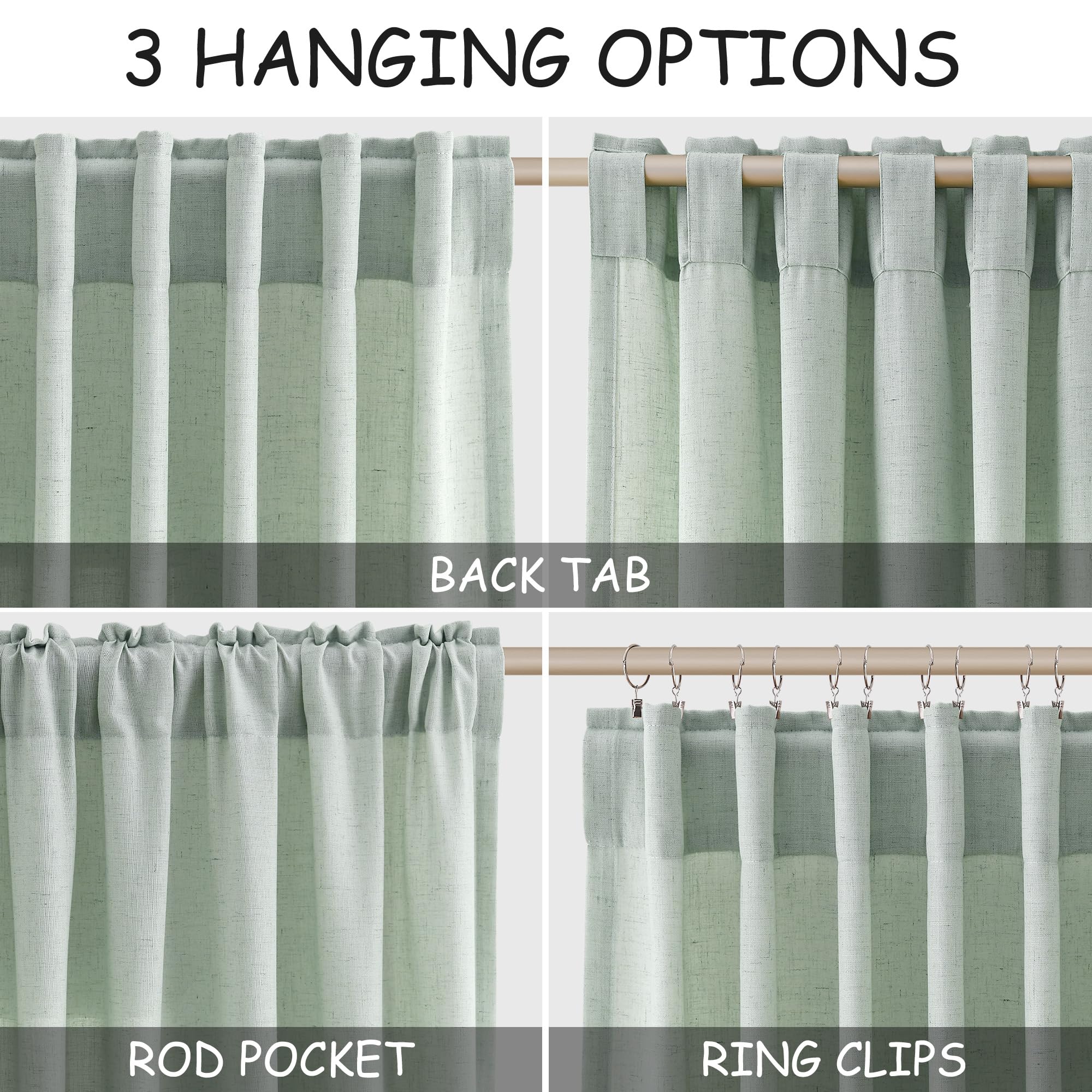 Nanspring Aqua Green Linen Curtains 108 Inches Long for Living Room Bedroom 2 Panels Set Extra Long Back Tab Curtain Light Filtering Sheer Drapes Floor to Ceiling Curtain for Large Windows 52x108