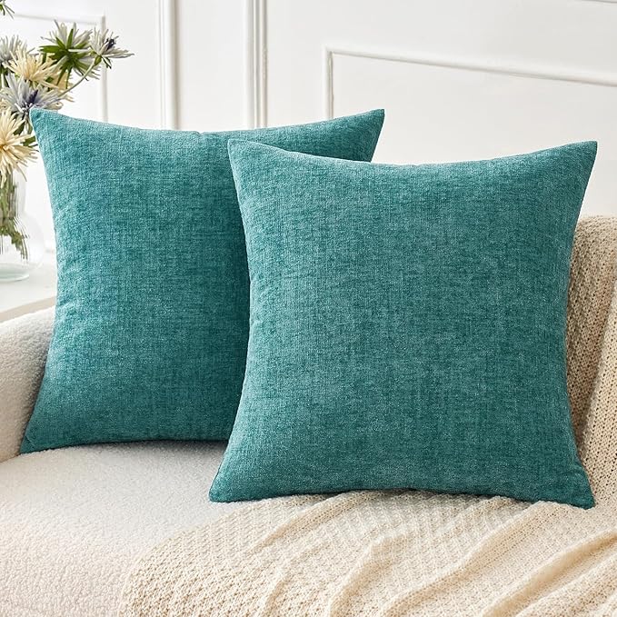 MIULEE Soft Chenille Euro Throw Pillow Covers Teal 26x26 Pack of 2
