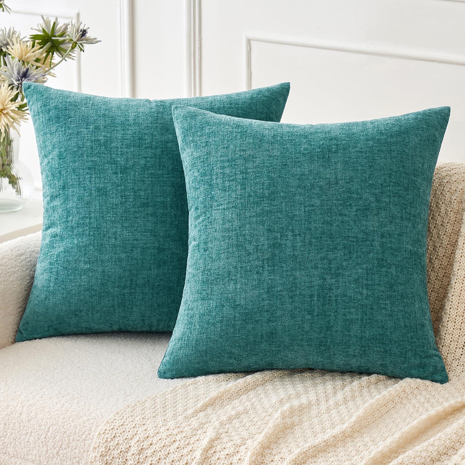 MIULEE Soft Chenille Throw Pillow Covers Teal 18x18 Inch Pack of 2
