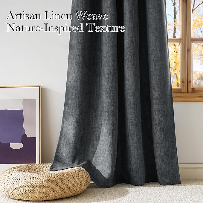 NICETOWN Charcoal Gray Faux Linen Room Darkening Rod Pocket Curtains 63 inch Length, W42 x L63, Light Blocking Thermal Insulated Noise Reducing Drapes for Bedroom Living Room Farmhouse Decor, 2 Panels