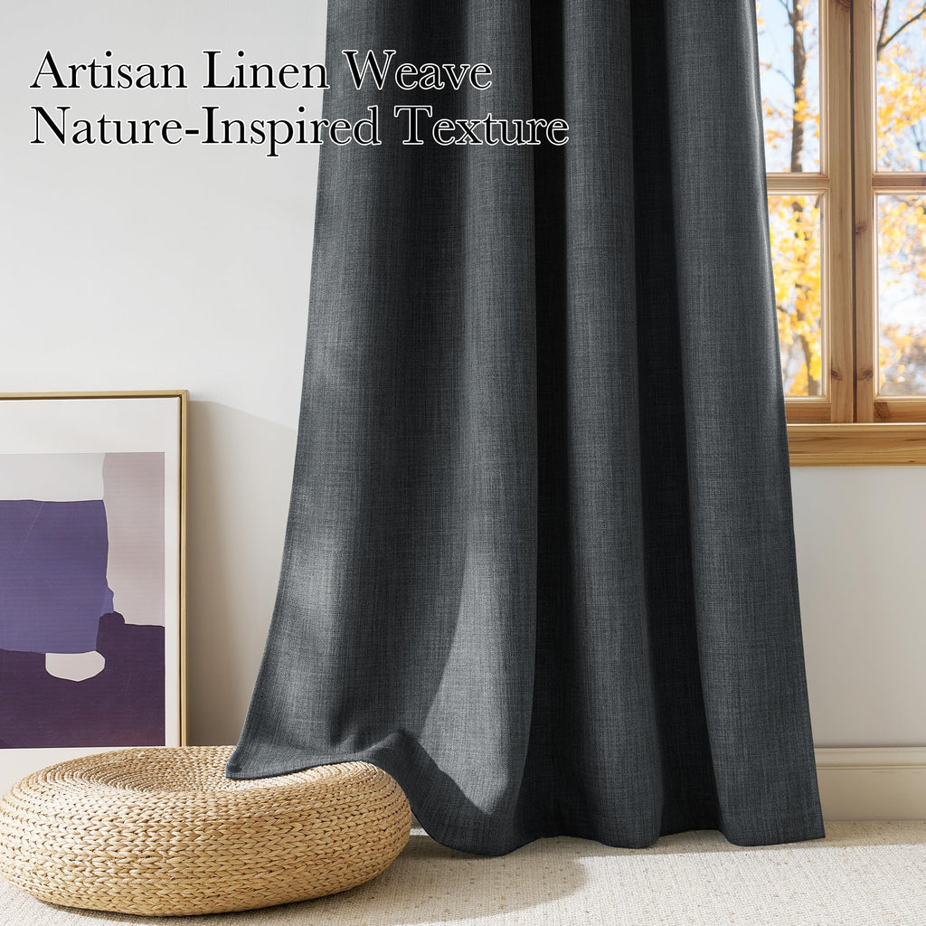 NICETOWN Short Faux Linen Charcoal Gray Blackout Curtains 63 inches Long for Kitchen - Privacy Panels for Living Room Bedroom, Modern Farmhouse Style Easy Care Grommet Top, 2 Panels, W42 by L63