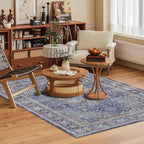 Washable Area Rug 8' x 10' Vintage Traditional Persian Mat - Foldable Distressed Non-Slip Machine Washable Carpet for Living Room Bedroom Kitchen Home Decor - Indigo and Gold