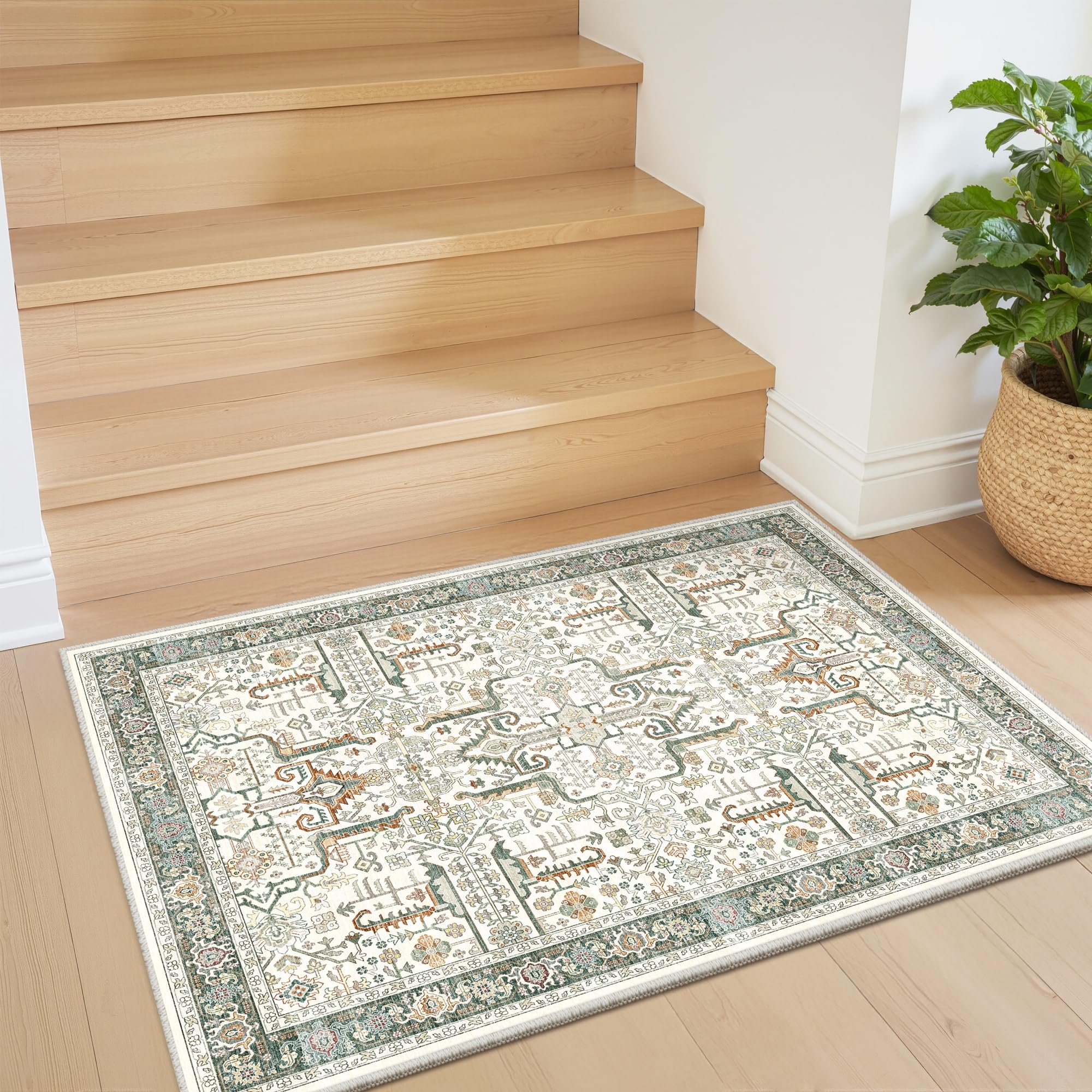 Washable 2x3 Entryway Area Rug - Small Non Slip Vintage Kitchen Runner Rugs Indoor Entrance Soft Neutral Stain Resistant Bathroom Mat Farmhouse Carpet for Bedroom Living Room Entry Laundry 2'x3' Green