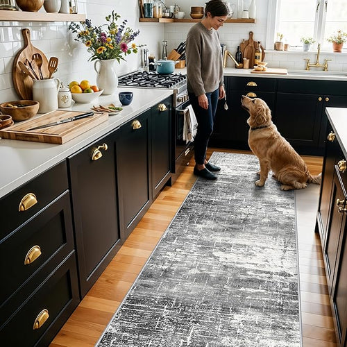 2x8 Washable Hallway Runner Rug: Abstract Stain Resistant Kitchen Rugs Farmhouse Ultra Soft Bathroom Bedroom Entryway Print Floor Mat Thin Non-Slip Indoor Carpet for Living Room Laudry(2x8,Black/Grey)