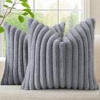 decorUhome Cozy Faux Fur Throw Pillow Covers 22x22 Set of 2 Decorative Soft Plush Striped Modern Farmhouse Boho Couch Euro Sham Pillow Cases with Velvet Back for Sofa Bed Living Room, Grey
