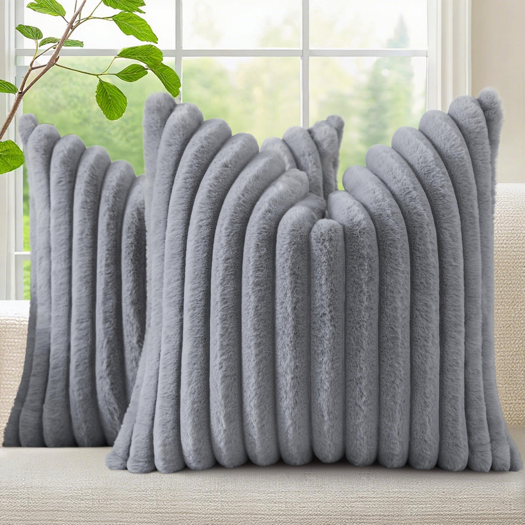decorUhome Fall Faux Fur Throw Pillow Covers 24x24 Set of 2 Grey